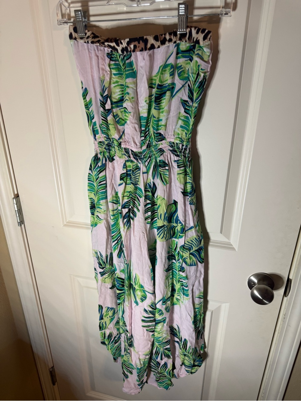 Venus Strapless Tropical Wide Leg Jumpsuit Pink Palm Leaf Print Size Small